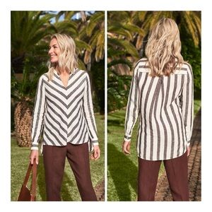 Pure Collection Chocolate White Linen V-Neck Long Sleeve Overshirt Size 12